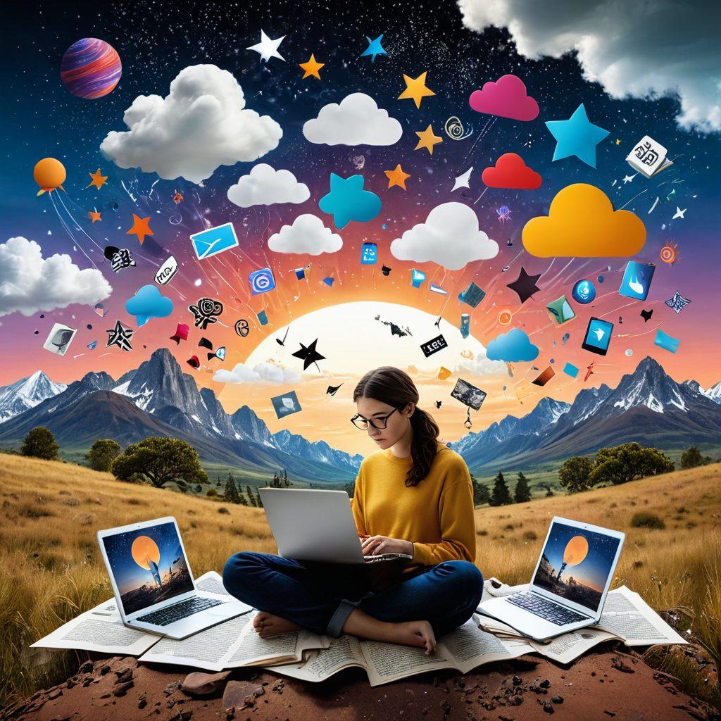 A vibrant collage of a storyteller at a laptop, blending various digital tools like smartphones, tablets, and social media icons, all surrounded by colorful narrative elements like speech bubbles and book pages. Add a dreamlike, whimsical landscape in the background with stars and clouds to symbolize creativity. This scene conveys the fusion of technology and imagination in storytelling. super-realistic. vibrant colors. white background.
