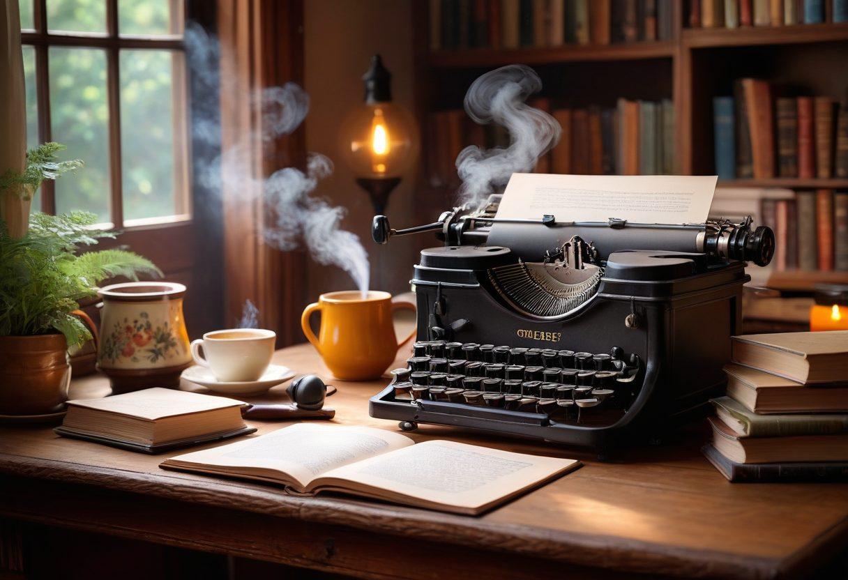 Create an enchanting scene featuring an open book with glowing pages, surrounded by whimsical elements like swirling stories in the form of colorful wisps and illustrations emerging from the book. Add a cozy desk with a vintage typewriter, a steaming mug of coffee, and soft ambient lighting that creates an inviting atmosphere for storytelling. Include a digital storyteller with a thoughtful expression, immersed in crafting their narrative. super-realistic. vibrant colors. warm lighting.