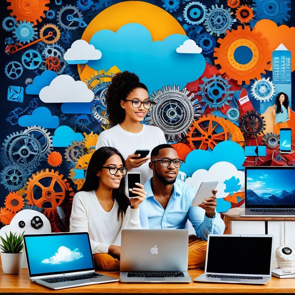 A dynamic collage showcasing the evolution of blogging trends, blending lifestyle elements like cozy homes and travel with high-tech devices like laptops and smartphones. Include vibrant, engaging visuals of a diverse group of bloggers creating content in various settings, representing inclusivity and creativity. Integrate visual metaphors like gears and digital clouds, symbolizing the fusion of lifestyle and technology. super-realistic. vibrant colors. 3D.